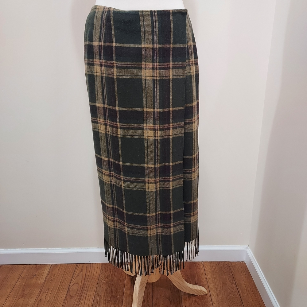 Ralph Lauren Olive Plaid Fringe Maxi Skirt
